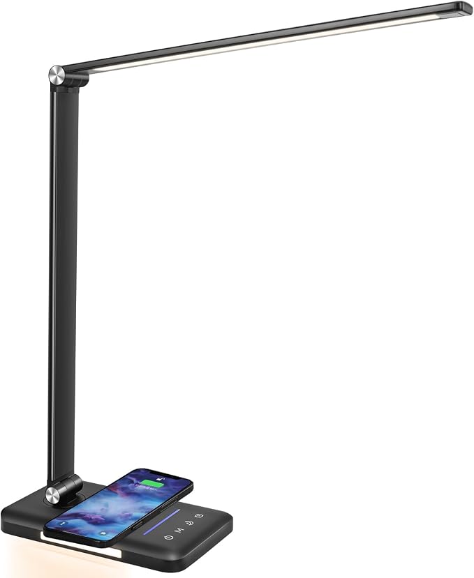 LED Desk Lamp with Night Light, Fast Wireless Charger, USB Charging Port, 10 Brightness, 5 Color Modes, Dimmable Bedside Table Lamp for Bedroom, Touch Control, Auto Timer, 1200Lux Super Bright by JOSTIC