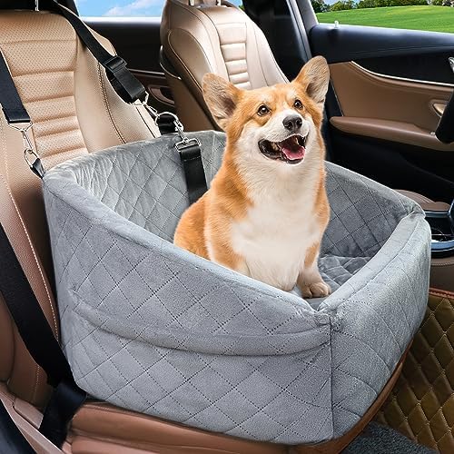 NEEZUKAR Dog Car Seat for Small Dogs,Detachable Washable Dog Booster Seat for Medium Dogs Under 30lbs, Pet Car Seat Travel Bed with Storage Pockets and Dog Safety Belt (Grey) by NEEZUKAR