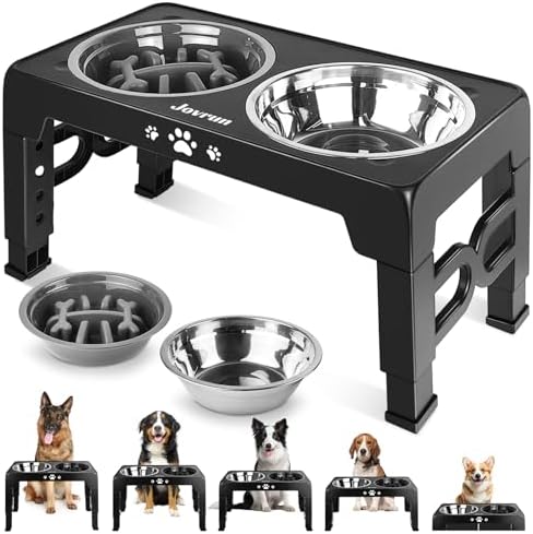 Jovrun Elevated Dog Bowls for Medium Large Size Dogs, Non-Slip Dog Feeder with 1*Stainless Steel Dishes & 1*Slow Feeder Bowl, 5 Heights Adjustable Raised Bowls to 3.15″-8.66″-9.84″-11.02″-12.2″ by Jovrun