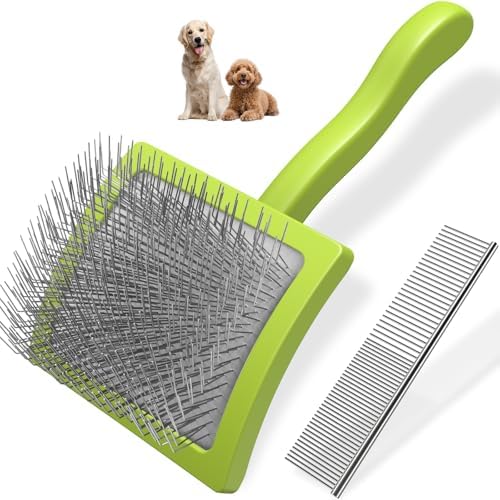 2PCS Slicker Brush for Dogs & Pet Comb,Professional Dog Grooming Brush (Goldendoodles,Poodles,Labradoodles) with Extra Long Pins to Effectively Remove Tangles, Knots and Mats (Green, Large) by Unknown