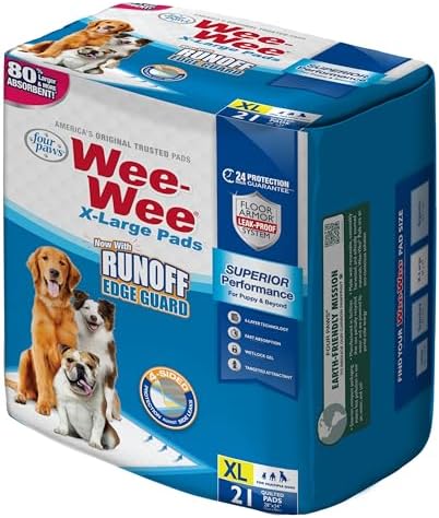 Four Paws Wee-Wee Superior Performance Extra Large Pee Pads for Dogs with Runoff Barrier Edge Guard Protection, Puppy & Dog Potty Training Pads, Housebreaking Supplies, 28" x 34" (21 Count) by FourPaws