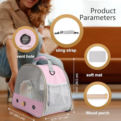 Bird Carrier, Portable Small Bird Parrot Parakeet Carrier with Standing Perch and Soft Mat, Side Access Window Collapsible (Pink, Mesh Windows) - Image 2
