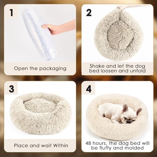 28in Large Dog Bed, Calming Donut Bed for Puppy and Kitten (Light Brown) - Image 7