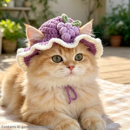 Grape Cat Hat, Cotton & Soft Cute Knitted Hats for Cats Birthday Party Spring Christmas Puppy Hat for Small Pets (Purple,M) - Image 5