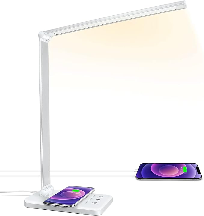 LED Desk Lamp with Wireless Charger, USB Charging Port, Desk Light with 10 Brightness, 5 Color Modes, Dimmable Eye Caring Reading Desk Lamps for Home Office, Touch Control, Auto Timer, White by JOSTIC