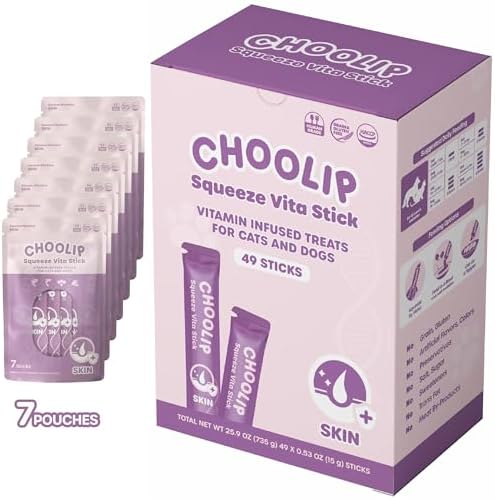 Choolip Squeeze Vita Stick Skin Support Lickable Cat and Dog Treats – 49-Count Multivitamin Sticks for Skin and Coat Health, Soft Puree for All Life Stages – Box with 7 Pouches by CHOOLIP