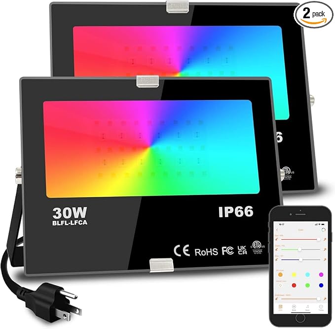 Led Flood Light 30W, 300W Equivalent 3000 LM Outdoor Color Changing Led Stage Landscape Lights, Bluetooth RGBW Smart Floodlights 2700K & 16 Million Colors&Timing& Music Sync, IP66，US 3-Plug (2 Pack) by MELPO