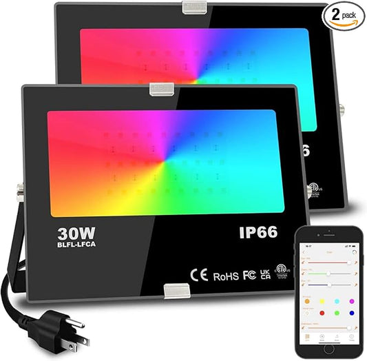 Led Flood Light 30W, 300W Equivalent 3000 LM Outdoor Color Changing Led Stage Landscape Lights, Bluetooth RGBW Smart Floodlights 2700K & 16 Million Colors&Timing& Music Sync, IP66，US 3-Plug (2 Pack) by MELPO