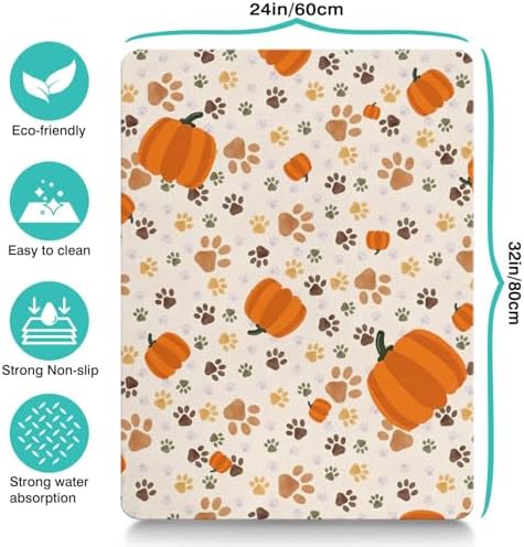 Fall Pumpkin Dog Food & Water Mat, Paw Prints Autumn Pet Feeding Mat for Floor Non-Slip Waterproof, Super Absorbent Cat Bowl Mat, Easy to Clean Eco-Friendly Durable Pet Placemat,24" × 32" - Image 4