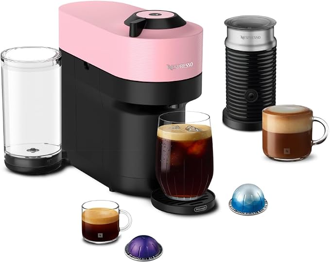 Nespresso Vertuo Pop+ Coffee Machine with Milk Frother, Candy Pink | Coffee and espresso maker by De'Longhi with compact design. Aeroccino3 frother bundle for hot or cold foam drinks at home. by Unknown