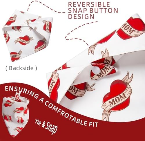 Valentines Day Dog Bandanas - Vintage Mom Heart Print, Holiday Costume Pet Scarf, Adjustable Snap Button for Small & Medium Breeds (5-30lbs) - Image 2