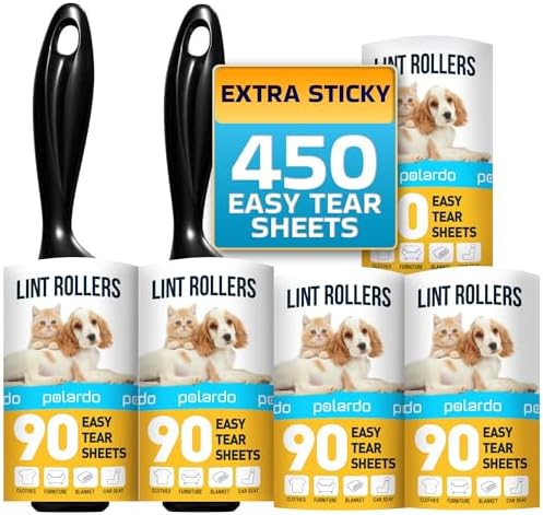 Lint Rollers for Pet Hair, White, Sticky Remover for Couch, Clothes, Furniture and Carpet, Dog and Cat Fur Remover, Animal Fuzz, 5 Large Sticky Rollers by Polardo