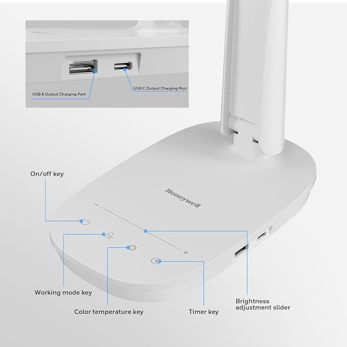 Honeywell HWT-H2 LED Desk Lamp for Home Office, CRI94 Full Spectrum Eye-Caring Light, Dimmable Table Lamp with USB-A & USB-C Charging Ports, Foldable Touch Control Reading Lamp, White - Image 5