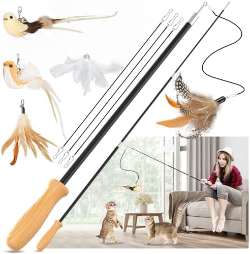ROSAUI Cat Teaser Wand Toys, Interactive Bird Toys for Indoor Kittens, 42.15’’ Long Cat Fishing Pole Toys, 2Pcs Wires and 5Pcs Natural Refills, Sustainable Wooden Handles, Exercising, Playing by ROSAUI