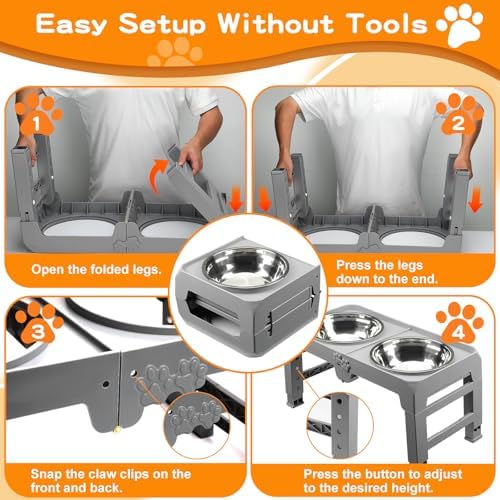 Elevated Dog Bowls for Large Dogs 5 Adjustable Heights 7.5"-15.4", 2 X-Large 10” Stainless Steel Bowls, Heavy Duty Raised Dog Bowl Stand Foldable Pet Feeder for Dogs Shoulder Height Over 15”, Grey - Image 6