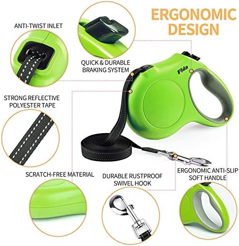 Fida Retractable Dog Leash with Dispenser and Poop Bags, 10 ft, Green - Image 3