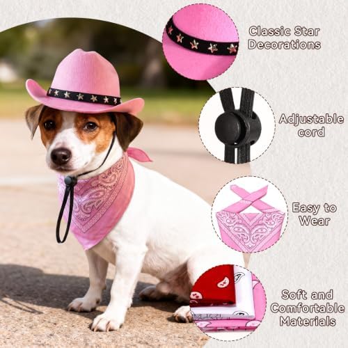 Pet Cowboy Costume, Dog Cowboy Hat with Bandana Scarf, Adjustable Cat Cowboy Hat for Party Cosplay Christmas, Halloween Cowboy Costumes for Small Pet Dogs Cats (Pink, Medium) - Image 3