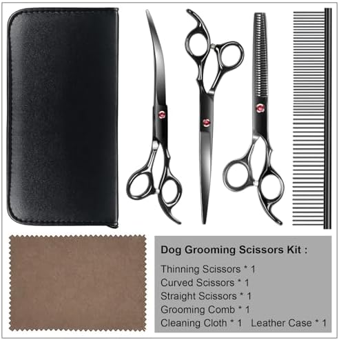 TINMARDA Dog Grooming Kit, Titanium Black Stainless Steel Dog Grooming Scissors with Curved Shears, Black Finger Rings - 4 Piece Sharp Durable Pet Shears for Dogs Cats At Home Salon-Quality Grooming - Image 6