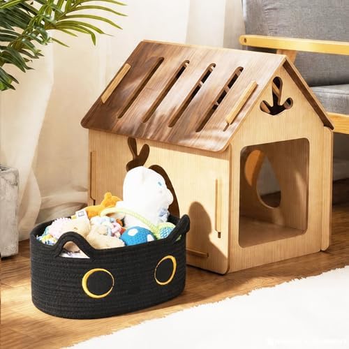 Cute Cat Toy Basket, Small Cotton Rope Toy Bin Box for Cats, Woven Organizer with Embroidered Face, Decorative Storage for Shelf, Desktop, Indoor Pet Bed, Halloween Basket Decor, Black - Image 7