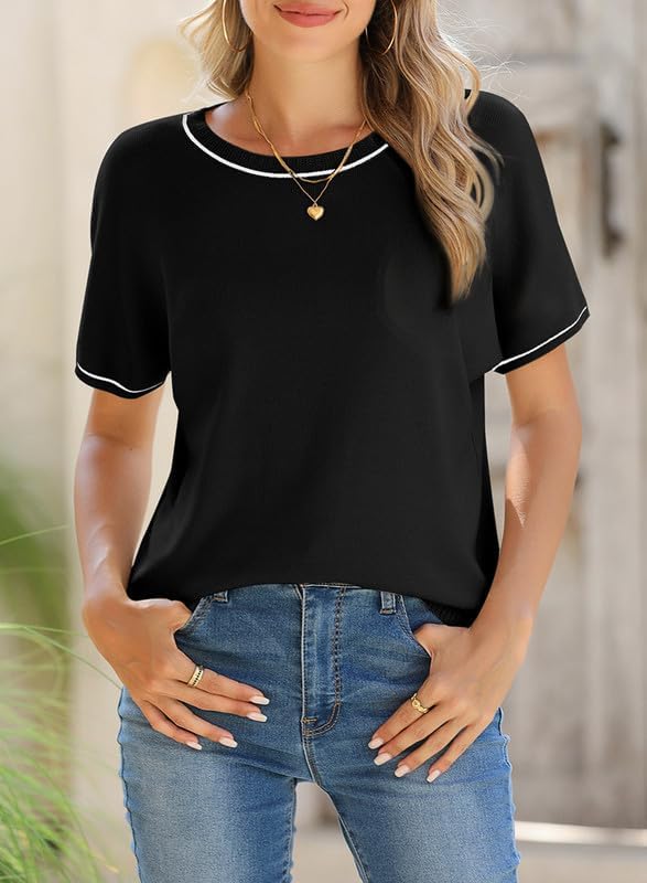 SHEWIN Womens Tops Trendy Short Sleeve Shirts Crewneck Lightweight Knit Sweater Top Business Casual Outfits - Image 4
