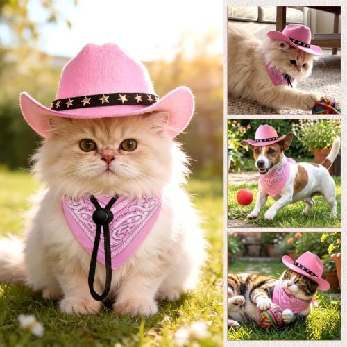 Pet Cowboy Costume, Dog Cowboy Hat with Bandana Scarf, Adjustable Cat Cowboy Hat for Party Cosplay Christmas, Halloween Cowboy Costumes for Small Pet Dogs Cats (Pink, Medium) - Image 6