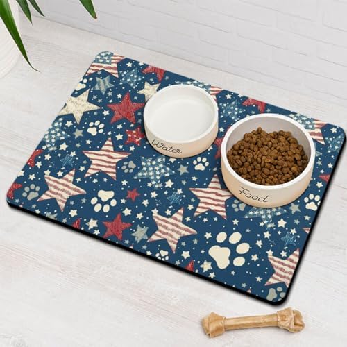 American 4th of July Star Dog Food & Water Mat,Patriotic Independence Memorial Day Paw Prints Pet Feeding Mat for Floor Non-Slip Waterproof, Super Absorbent Cat Bowl Mat, Pet Placemat,16" × 24" by Stunnoosy