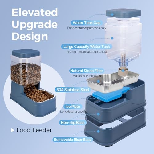 Automatic Cat Feeder and Water Dispenser with Stainless Steel Bowl with Ice Pack Gravity Food Feeder and Waterer Set Feeding Raised Bowls with Filter for Dog 1.3 Gallon x 2(Blue) - Image 3