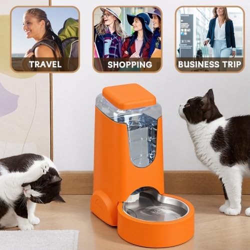 HWONMTE Portable Automatic Cat Feeder and Water Dispenser with Stainless Steel Bowl Dog Gravity Food Feeder and Waterer for Small Medium Pets Puppy Kitten 1 Gallon x 2 (Orange) - Image 4