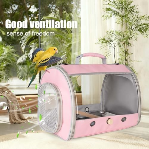 Bird Carrier, Portable Small Bird Parrot Parakeet Carrier with Standing Perch and Stainless Steel Tray, Side Access Window Collapsible (Pink, Cylinder Design - Clear) - Image 6