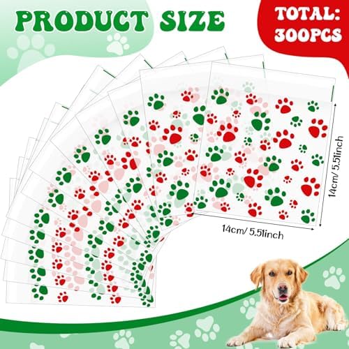Pasimy 300 Pcs Paw Dog Treat Bags Clear Cellophane, Christmas Color - Image 2