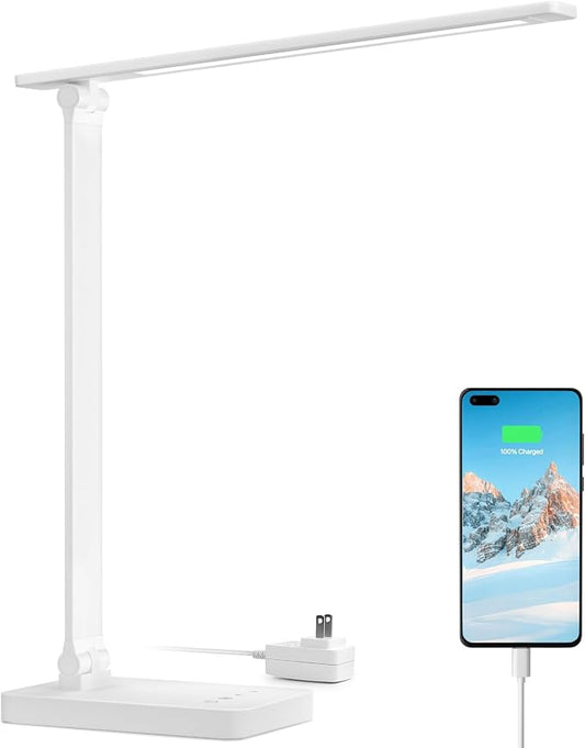 Lepro LED Desk Lamp with USB Charging Port for Dorm Room, 700LM 9.5W, White | Dimmable Table Lamp, 5 Colors 5 Brightness, Eye Caring Task Light for Home Office, Sewing, Crafting, Reading, Nail, Drafts by Lepro