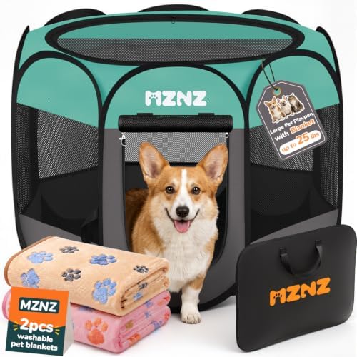 Dog Cat Small Animal Puppy Playpen Crate with 2 Blankets, Medium, Blue by MZNZ