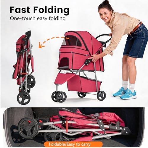 BestPet | 3-Wheel Pet Stroller | Red | Foldable Dog and Cat Stroller - Image 3