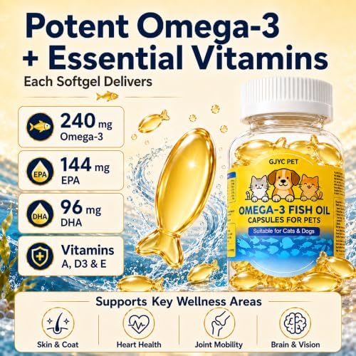 Fish Oil for Dogs & Cats, 60 Softgels – Salmon Oil Omega 3 with EPA & DHA for Skin & Coat, Joint & Heart Health – Fish Oil Capsules with Vitamin A, D3 & E – Daily Wellness Supplement - Image 2