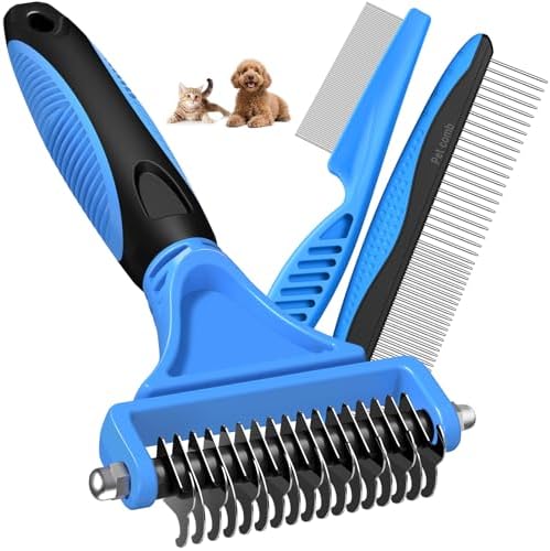 3PCS Pet Grooming Rake & Metal Comb & Flea Comb for Cats and Dogs, Double-Sided Dematting Tool, Extra-Wide Deshedding Dog Brush for Long Hair to Effectively Remove Tangles, Knots and Mats (Blue) by Unknown