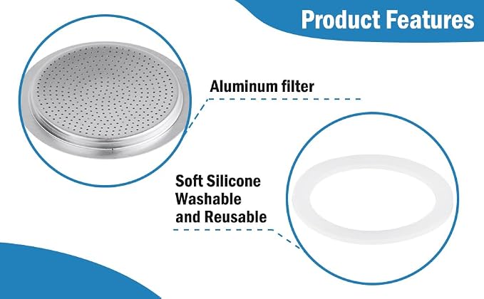 Sivaphe 9 Cup Stovetop Espresso Coffee Maker Replacement Infuser Parts Only for 450ml Aluminum Italian Moka Pot, 1 Filter and 3 Silicone Gasket Seals - Image 8