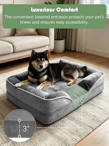 Spotted Play Orthopedic Dog Bed with Sides - Dog Sofa Beds for Medium Dogs, Supportive Foam Pet Couch Bed with Washable Removable Cover, Waterproof Lining and Non-Slip Bottom, Grey - M - Image 3