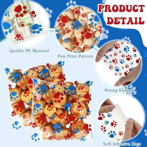 Pasimy 200 Pcs Dog Paw Treat Bags, Clear Self Adhesive Patriotic Color - Image 3