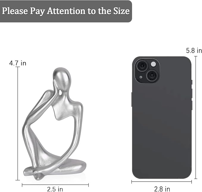 Sandstone Resin Thinker Style Abstract Sculpture Statue Collectible Figurines Home Office Bookshelf Desktop Decor (Small Silver, Left) - Image 2