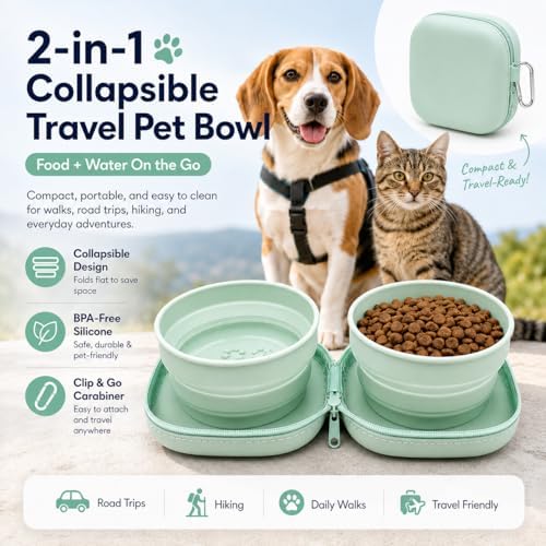 ZBBOPQ Portable Dog Bowl, Collapsible 2-in-1 Travel Dog Bowls with Carabiner Clip, Silicone Double Pet Food and Water Dish for Outdoor Camping and Hiking (Green) - Image 2