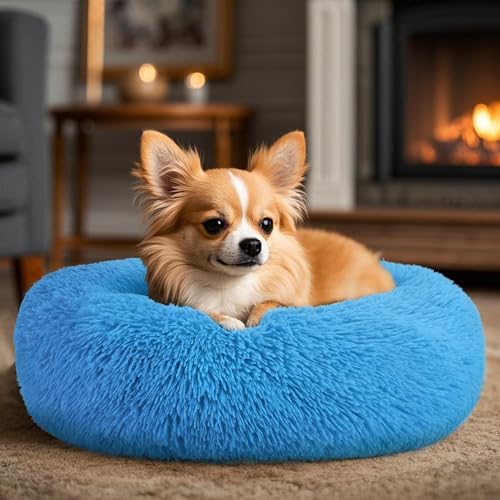 Dogs Bed for Small Dogs, Anti-Anxiety Washable Round Bed (24in Light Blue) - Image 5