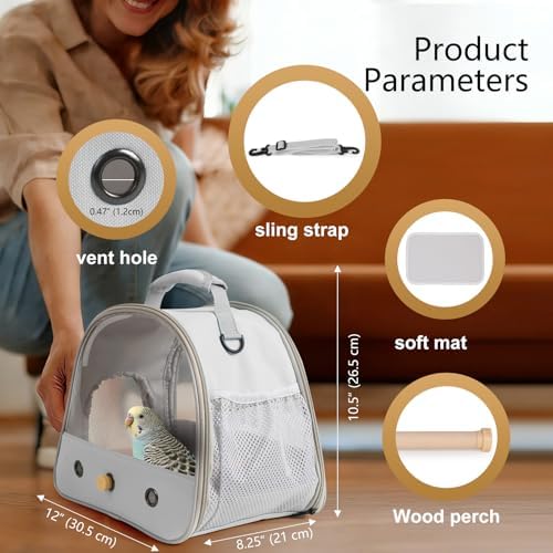 Bird Carrier, Portable Small Bird Parrot Parakeet Carrier with Standing Perch and Mat, Side Access Window Collapsible (Grey, Clear Windows) - Image 2