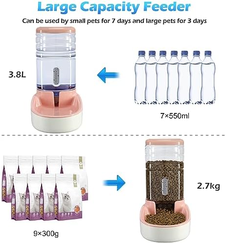 Automatic Dog Cat Feeder and Water Dispenser Gravity Food Feeder and Waterer Set with Pet Food Bowl for Small Medium Dog Puppy Kitten, Large Capacity 1 Gallon x 2(Pink) - Image 3