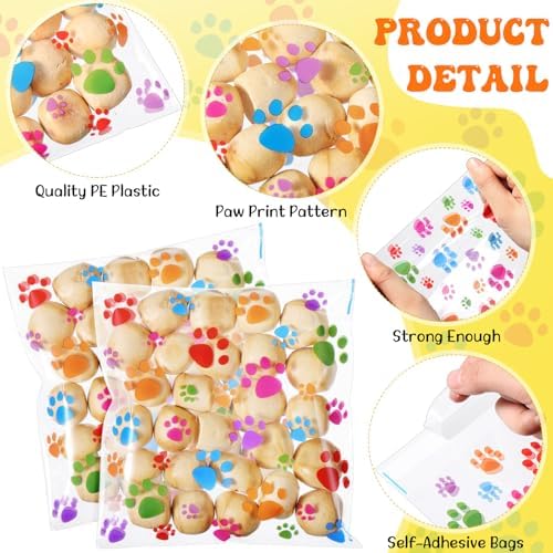 Pasimy 200 Pcs Dog Paw Treat Bags, Clear Self Adhesive Clear Colorful - Image 2