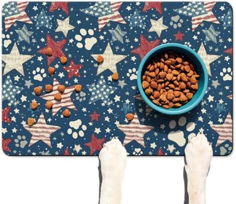 American 4th of July Star Dog Food & Water Mat,Patriotic Independence Memorial Day Paw Prints Pet Feeding Mat for Floor Non-Slip Waterproof, Super Absorbent Cat Bowl Mat, Pet Placemat,16" × 24" - Image 6