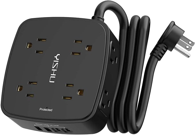 5Ft Surge Protector Power Strip - 8 Widely Outlets with 4 USB Ports, 3 Side Outlet Extender with 5 Feet Extension Cord, Flat Plug, Wall Mount, Desk USB Charging Station, ETL,Black by YISHU