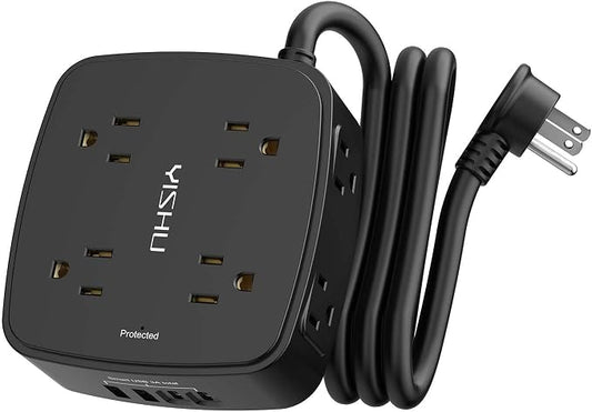 5Ft Surge Protector Power Strip - 8 Widely Outlets with 4 USB Ports, 3 Side Outlet Extender with 5 Feet Extension Cord, Flat Plug, Wall Mount, Desk USB Charging Station, ETL,Black by YISHU