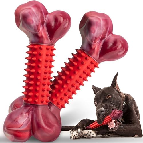 2-Pack Tough Dog Toys for Aggressive Chewers: Beef Flavored Long Lasting Dog Bones for Large Dogs, Heavy Duty Nylon & Rubber Dog Chew Toys to Keep Them Busy, Medium & Large Breed, Red by Apasiri