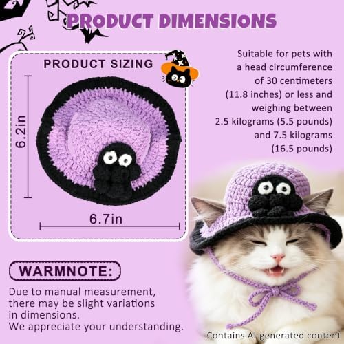 Spider Cat Hat, Cotton & Soft Cute Knitted Hats for Cats Birthday Party Halloween Christmas Spring Puppy Hat for Small Pets (Purple,M) - Image 6