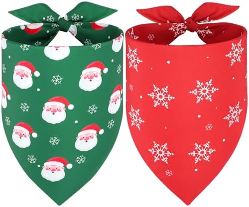 Vivifying Christmas Dog Bandana 2 Pack - Holiday Pet Scarves with Santa & Snowflake Prints, Red and Green Reversible Triangle Dog Bibs for Large & Extra Large Dogs (Size XL) by Vivifying